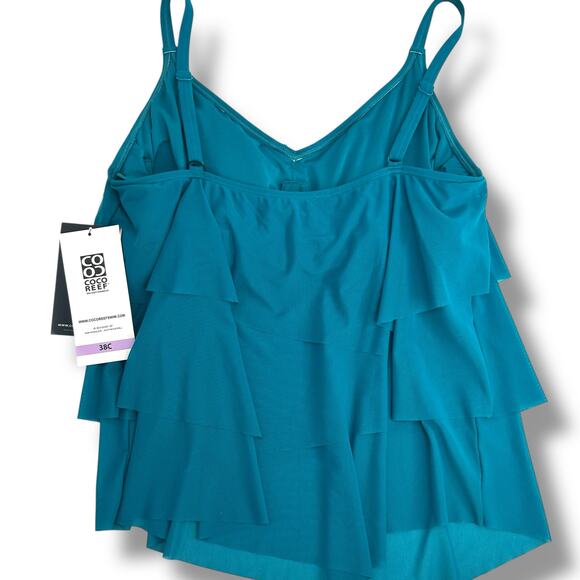 NEW Coco Reef Teal Tankini Top Size 38C Layered Mesh Flowey Loose Swimsuit XL - Picture 9 of 11